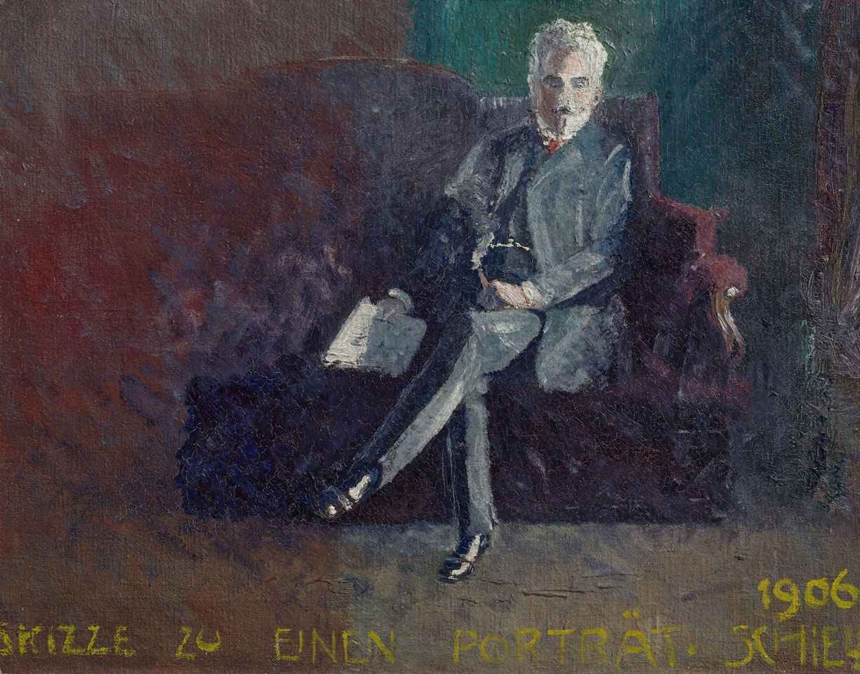 Leopold Czihaczek, auf rotem Sofa sitzend by Egon Schiele