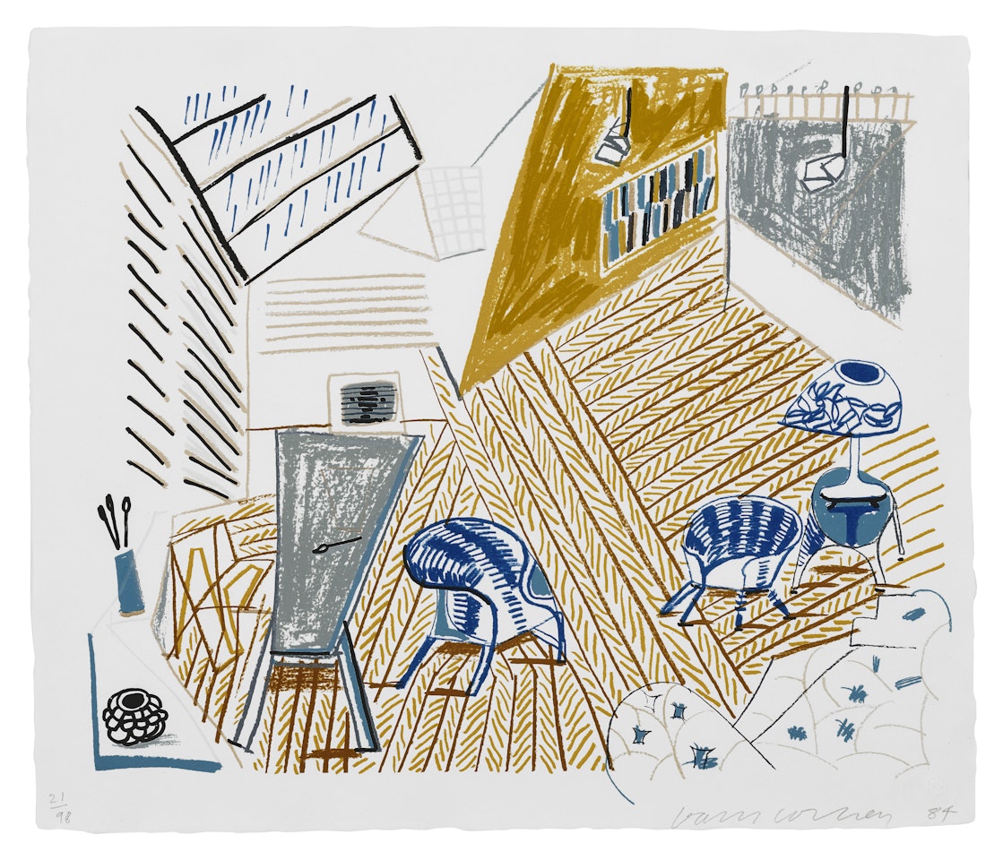 Pembroke Studio with Blue Chairs and Lamp, from Moving Focus by David Hockney
