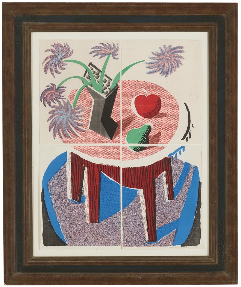 Flowers, Apple & Pear on a Table, July 1986 by David Hockney