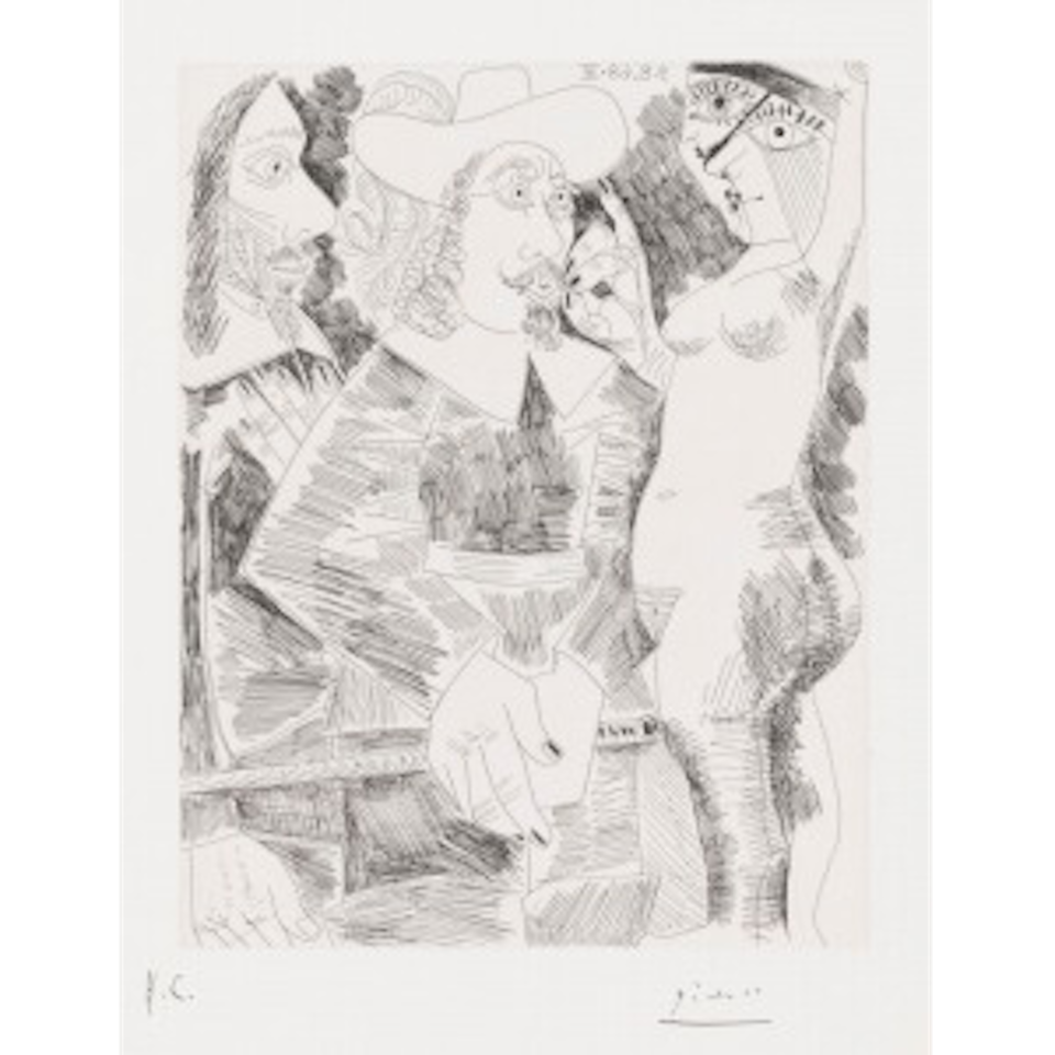 Jeune Femme Tirant la Moustache d"un Gentilhomme en train de Tortiller son Jonc, from Séries 347 (Bloch 1742; Ba. 1759) by Pablo Picasso