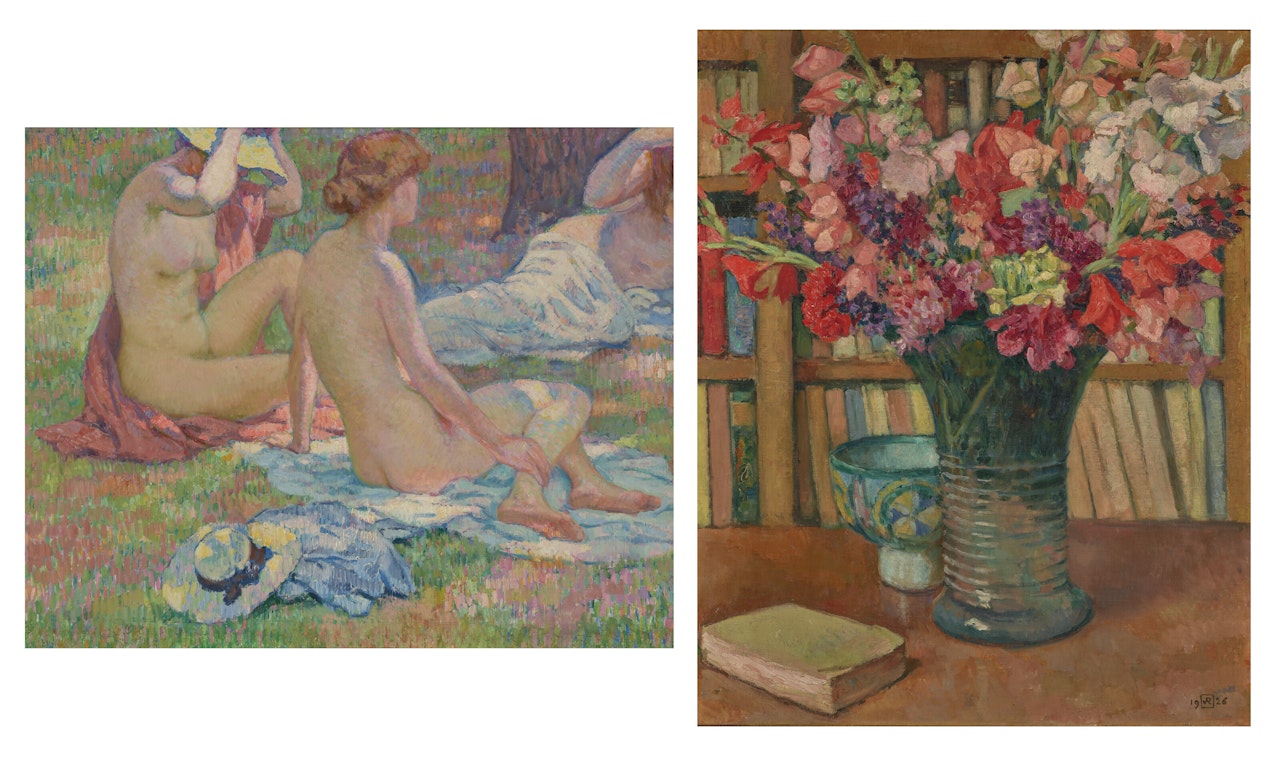 Baigneuses ou A l"ombre des pins ( recto ); Mélange de fleurs devant une bibliothèque ou Grand bouquet ( verso ) by Theo van Rysselberghe