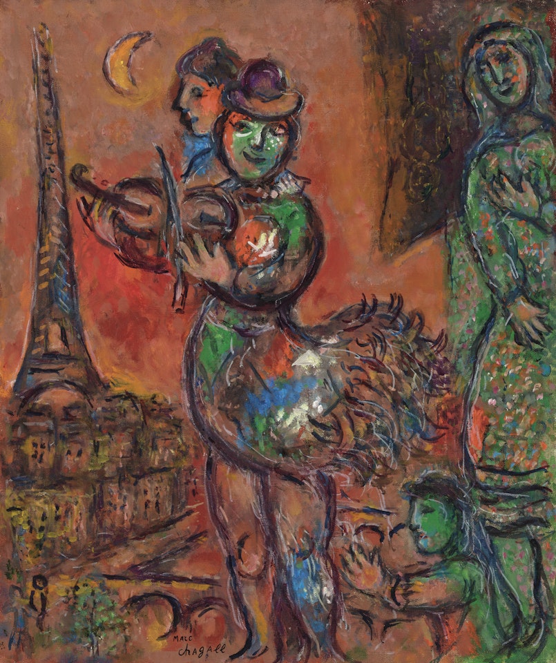 Violoniste-coq au-dessus des ponts de Paris by Marc Chagall
