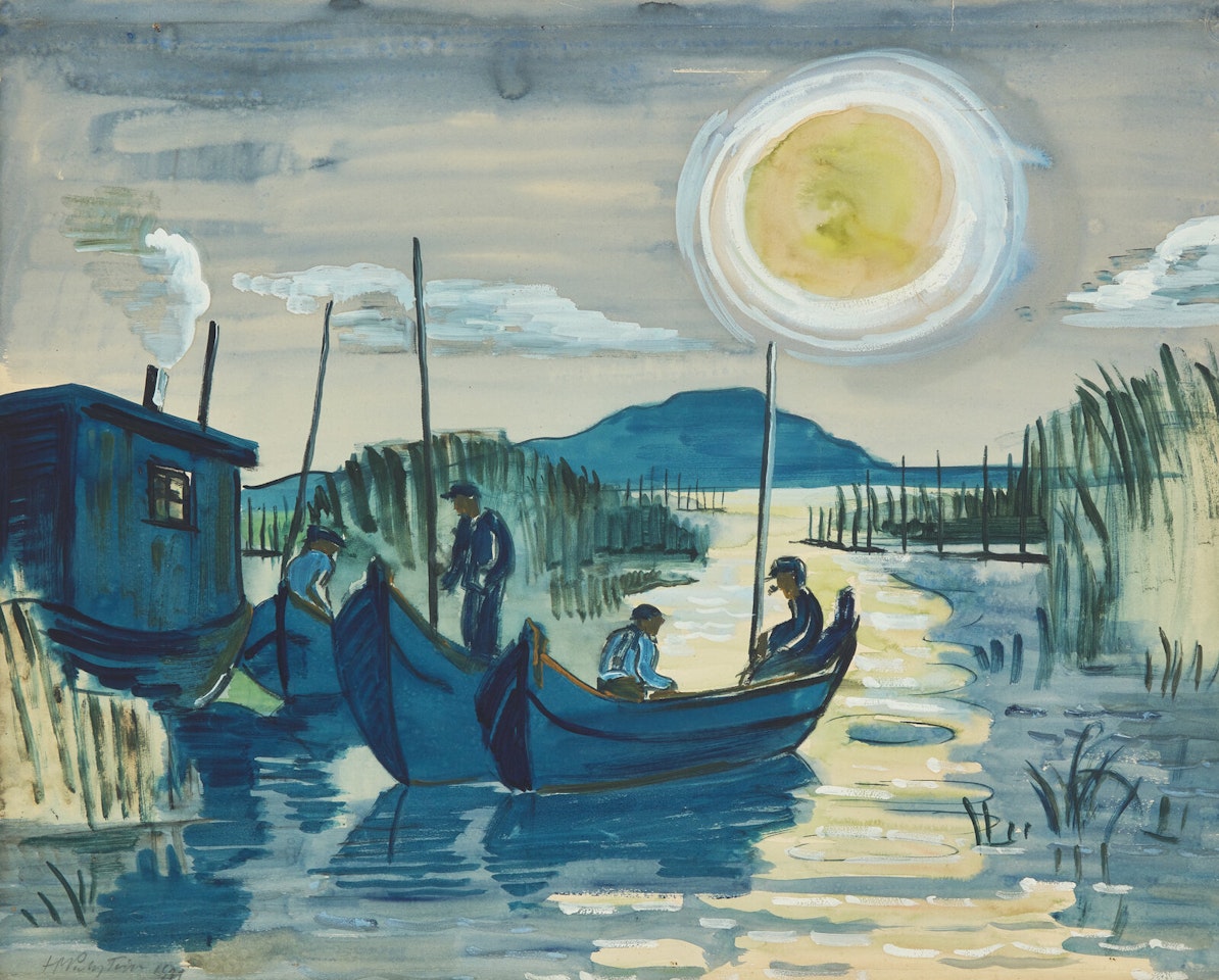 Fischer auf dem Gardersee bei Mondlicht (Fishermen on the Gardnosee by Moonlight) by Max Pechstein