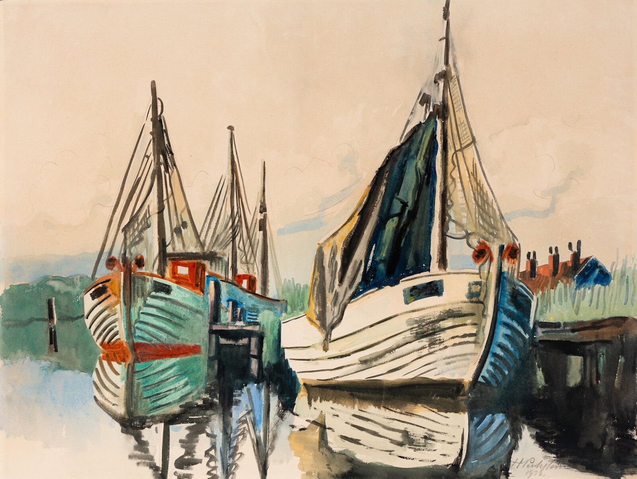 Fischkutter im Lebastrom II (Fishing Boats in the Lebastrom II) by Max Pechstein