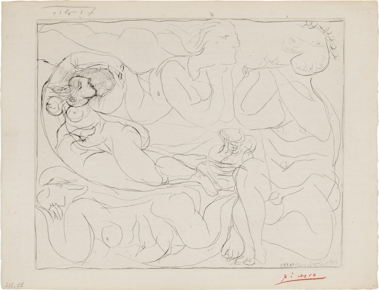 Flûtiste et trois femmes nues , from the Vollard suite (Bloch 144; Baer 258) by Pablo Picasso