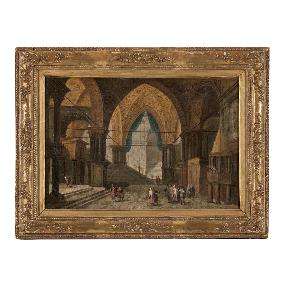 Une paire de vues d"intérieur: un palais animé de figures; une église animée de figures by Michele Marieschi