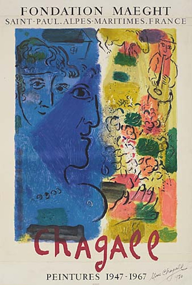 Two color lithograph posters: The Green Bird, Blue Profile by Marc Chagall