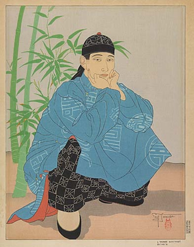 Two color woodcuts: L'Homme Accroupi, Chinois, Le Bonze Errant by Paul Jacoulet