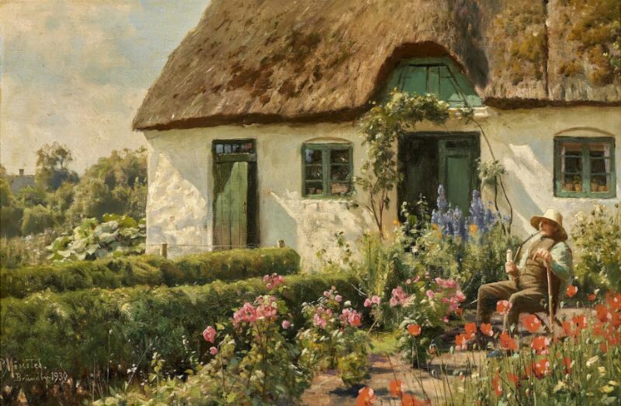 View from a farmhouse. A man enjoys a pipe in the sun in the flowering front garden by Peder Mork Monsted