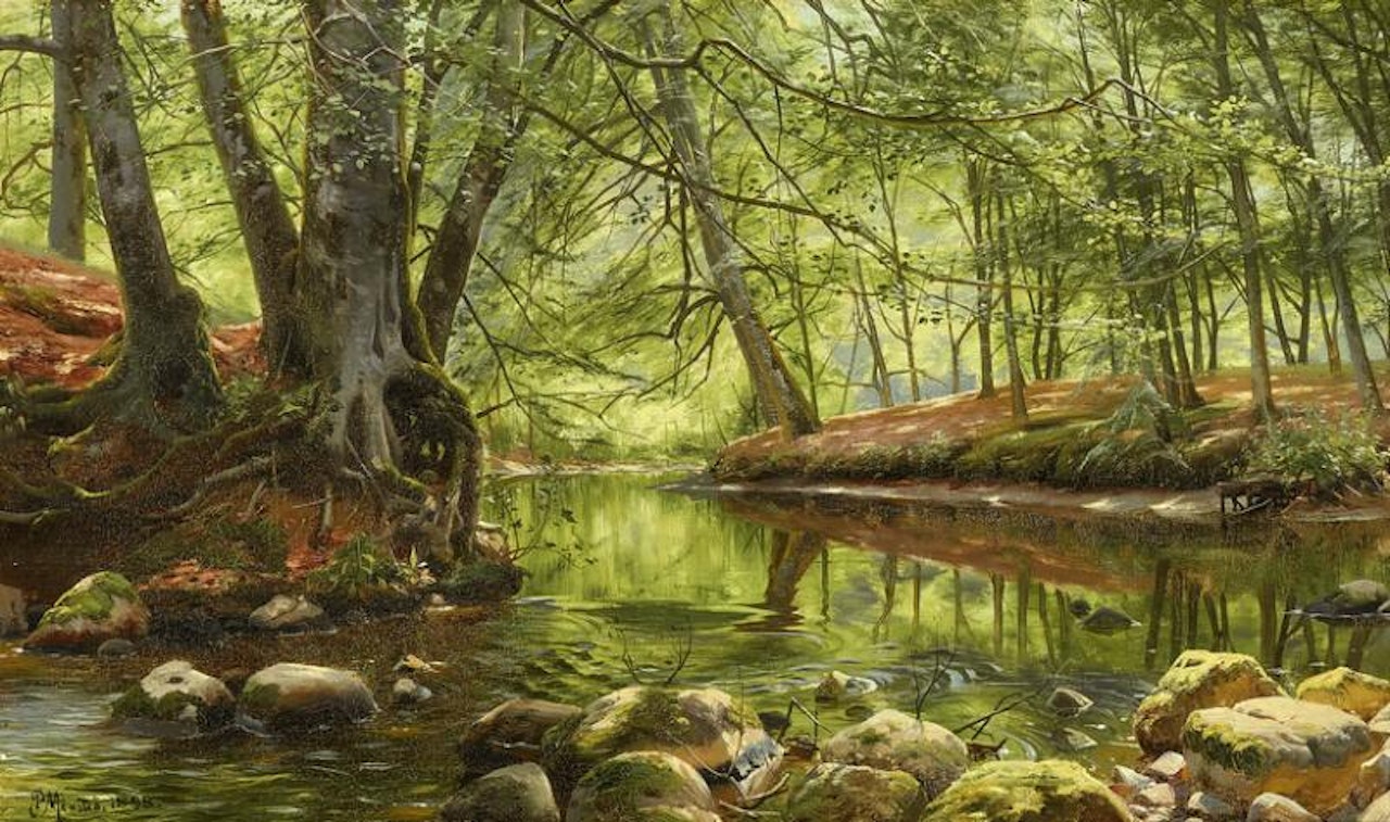 Spring day with beeches at Sæby Å (stream) by Peder Mork Monsted