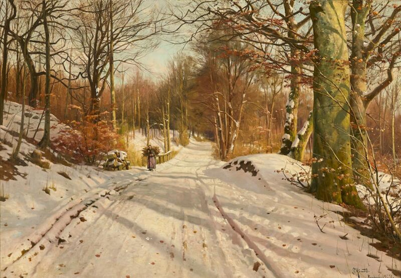 A snowy forest road with a woman collecting firewood at Raadvad on a sunny day by Peder Mork Monsted