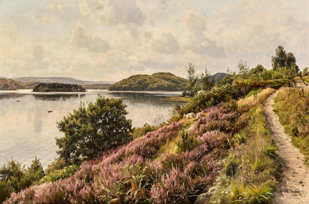 View from Svejbæk towards Borre Lake and heathery hills with cattle grazing by Peder Mork Monsted
