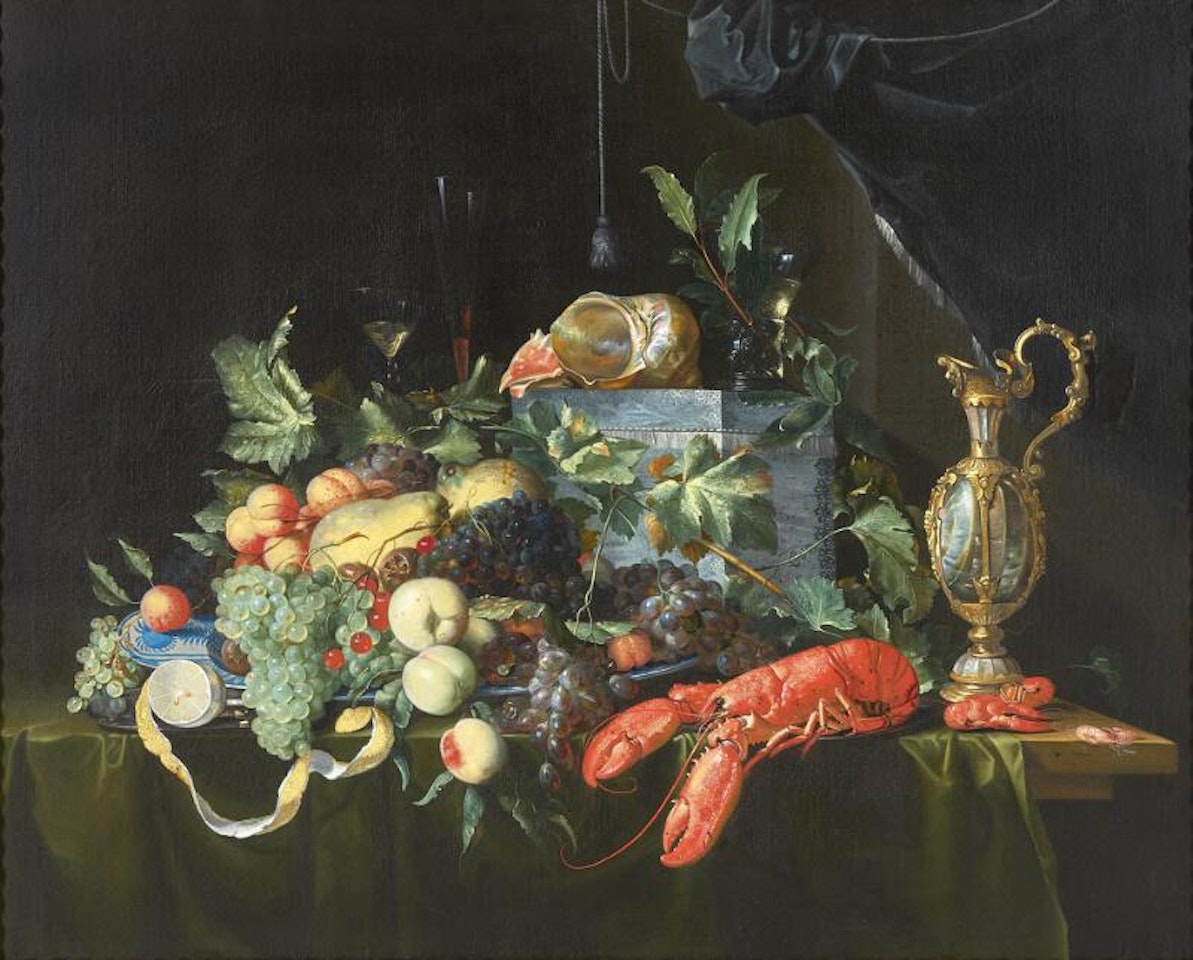 A pronk still life with various fruit, a lobster, a roemer and an ewer on a partially draped table with a curtain beyond by Jan Davidsz de Heem