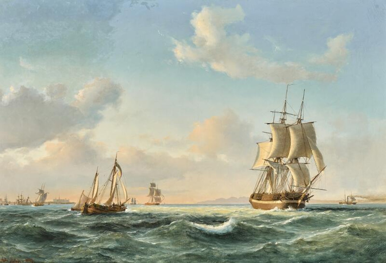 The sailing ship “Johanna” and other vessels in Sundet off Kronborg Castle by Anton Melbye