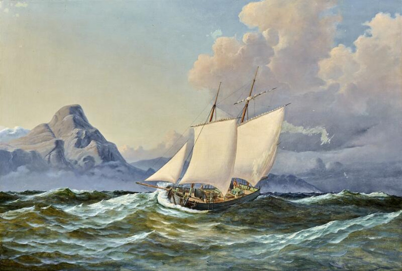 Sailing ship off a rocky coast by Anton Melbye