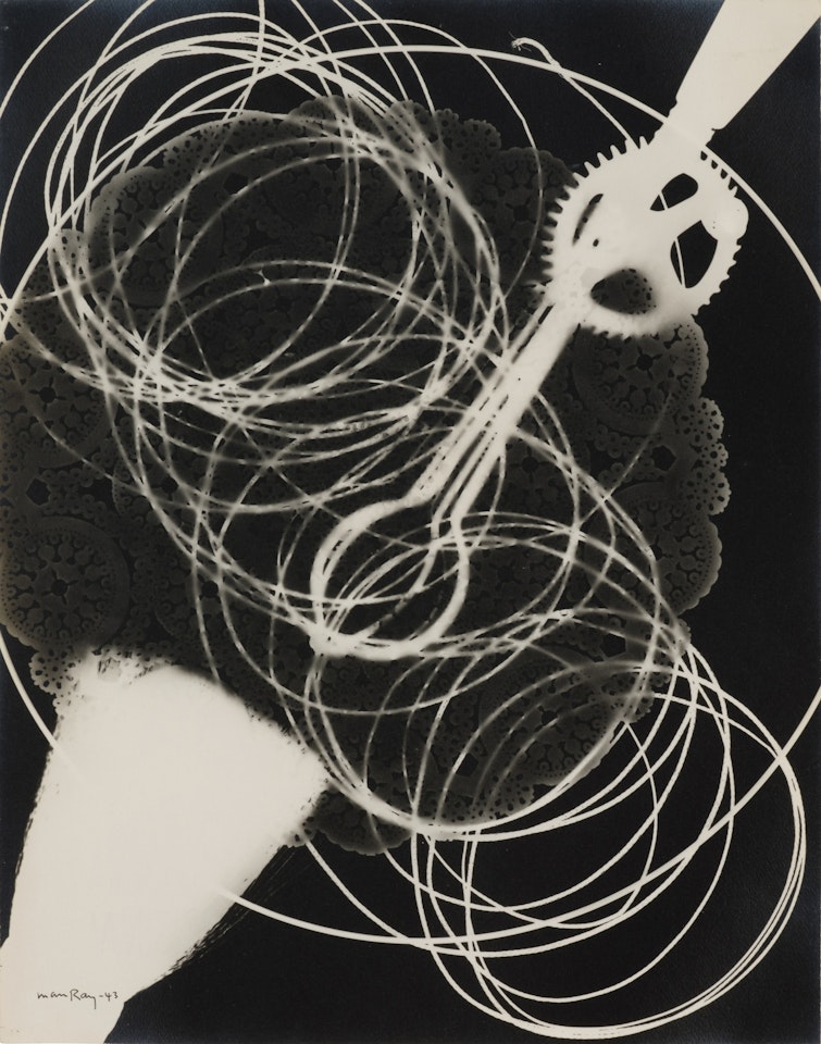 Untitled (Rayograph with Egg Beater, Doily, Broom, and Coil) by Man Ray