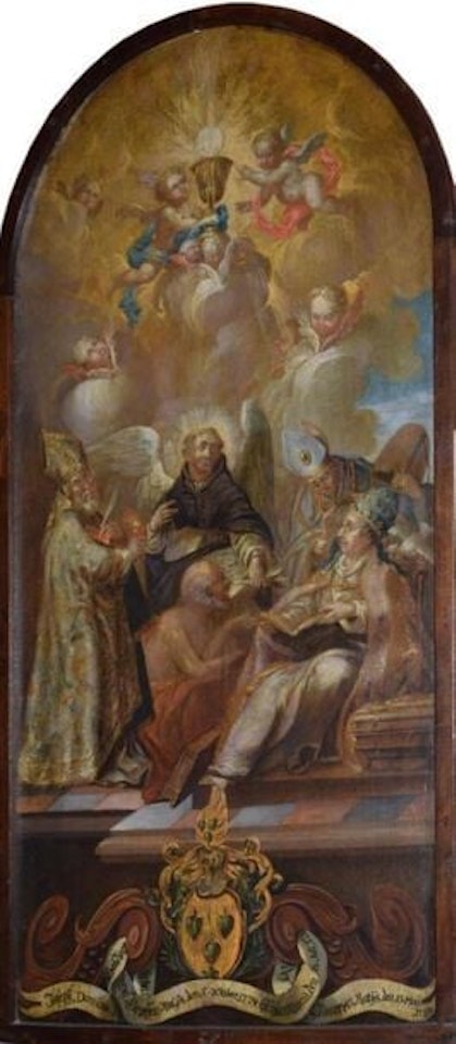 The Triumph of the Eucharist with Saint Vincent Ferrer, Saint Jerome, Augustine, Gregory and Ambrose, ex-voto of the Ratys family by German School