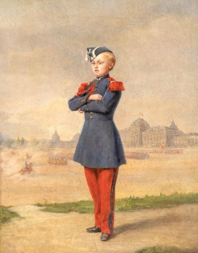 Full-length portrait of a child soldier in front of the Ecole Militaire in Paris by French School