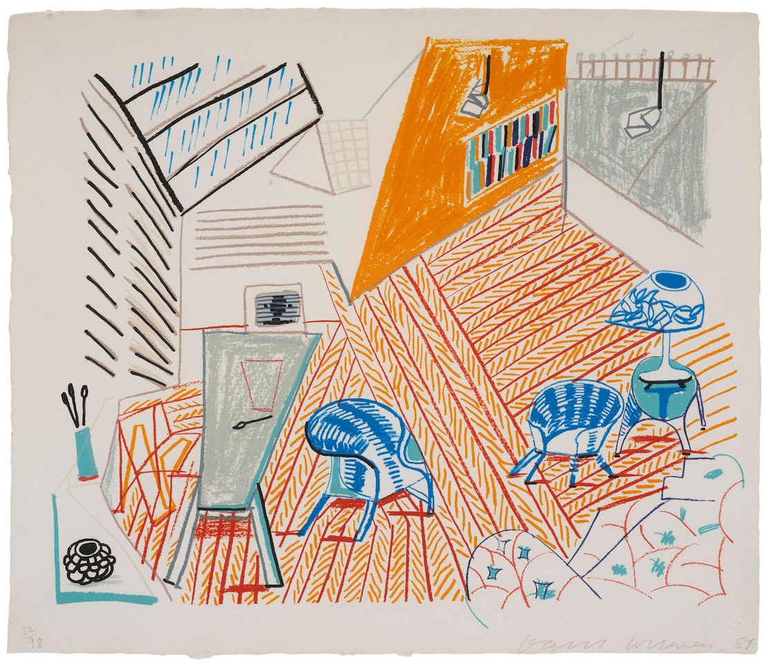 Pembroke studio with blue chairs and lamp by David Hockney