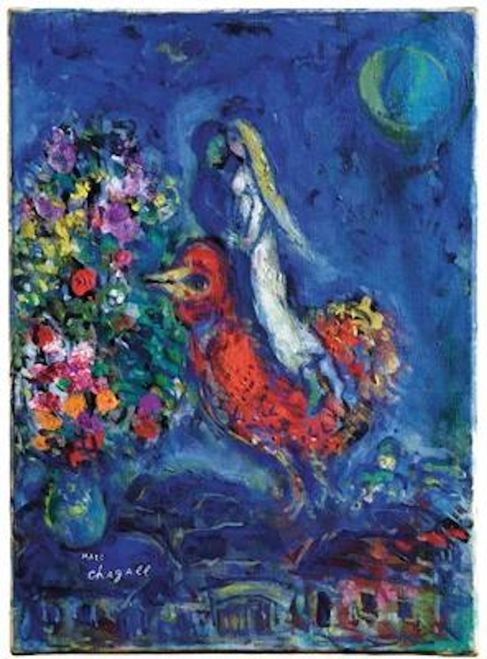 Couple sur coq rouge by Marc Chagall