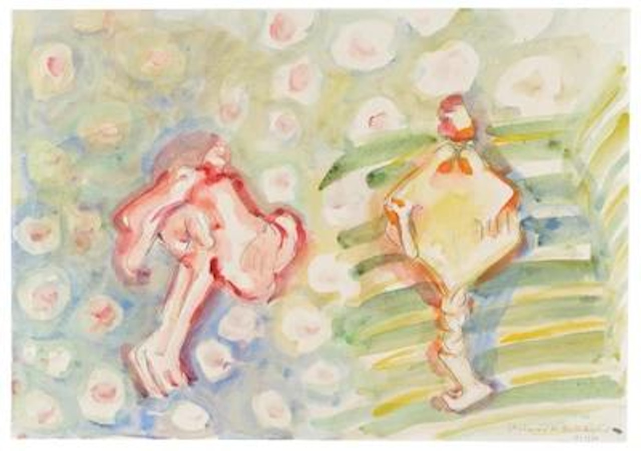 „2 Figuren auf buntem Hintergrund by Maria Lassnig
