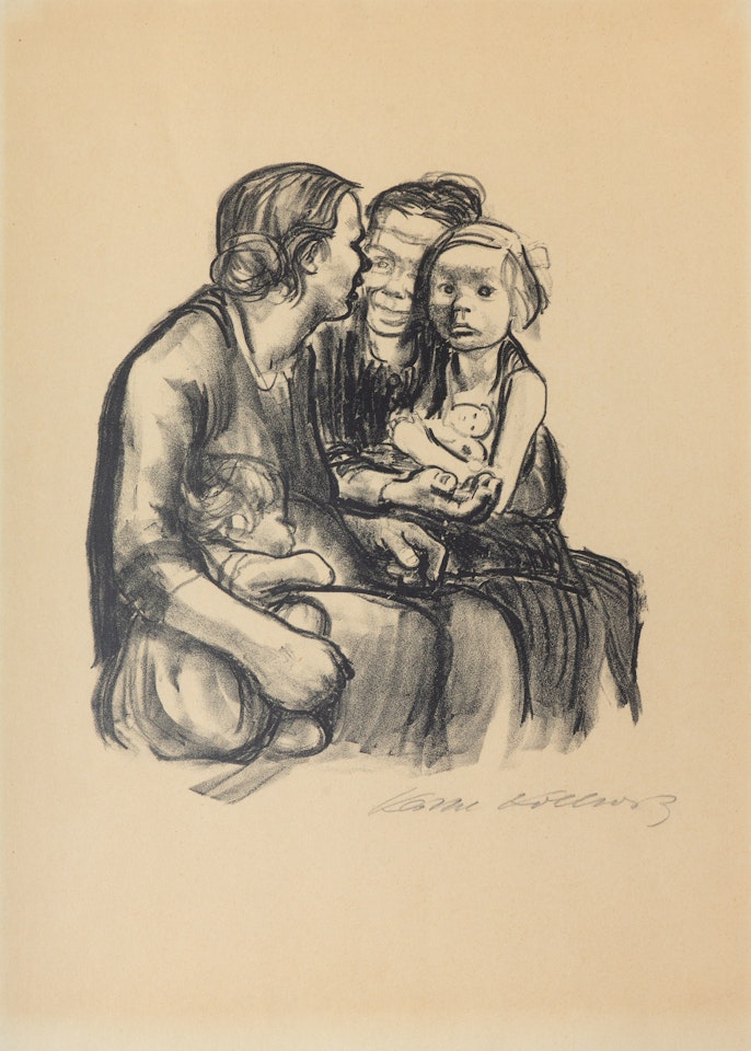 Zwei schwatzende Frauen mit zwei Kindern by Kathe Kollwitz