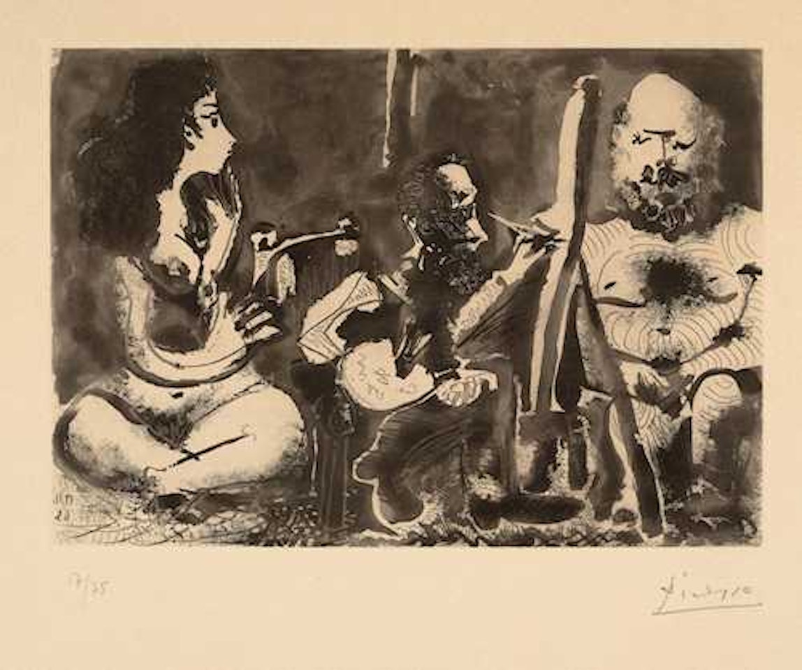 Peintre au travail avec modèle barbu et une spectatrice assise en tailleur by Pablo Picasso