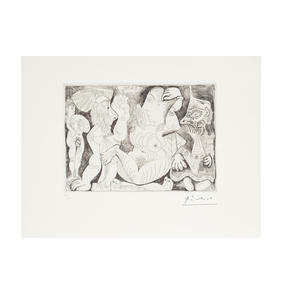 Vieil homme et femme, avec un jeune athlète et un nain by Pablo Picasso