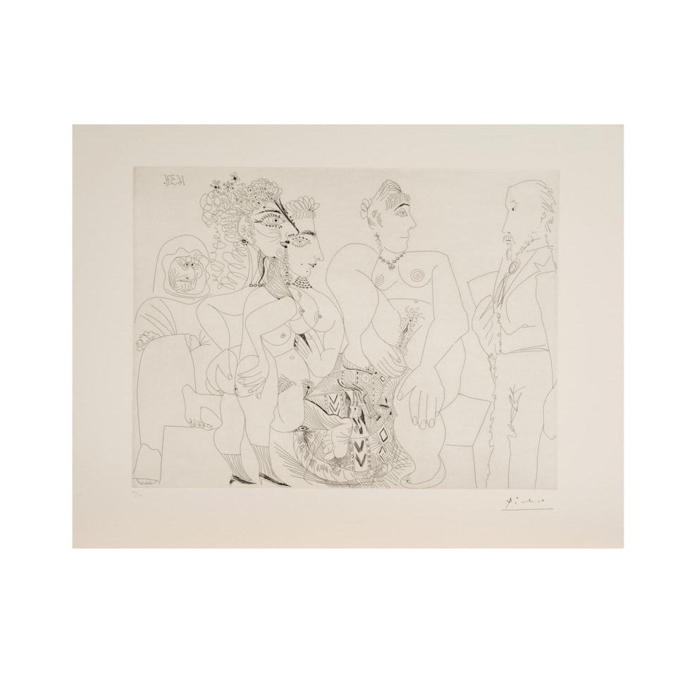 Maison close. Degas avec son album, Célestine, trois filles, et un pouf marocain; Planche 87 de la série 156 by Pablo Picasso