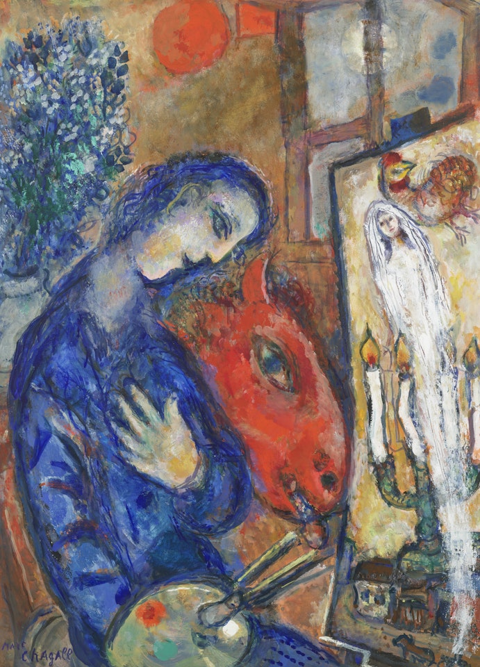 Le peintre et la tête d"animal rouge by Marc Chagall