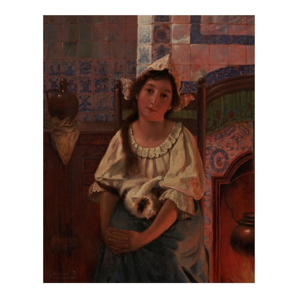 A Portrait of a Girl with her Cat by Alois Heinrich Priechenfried
