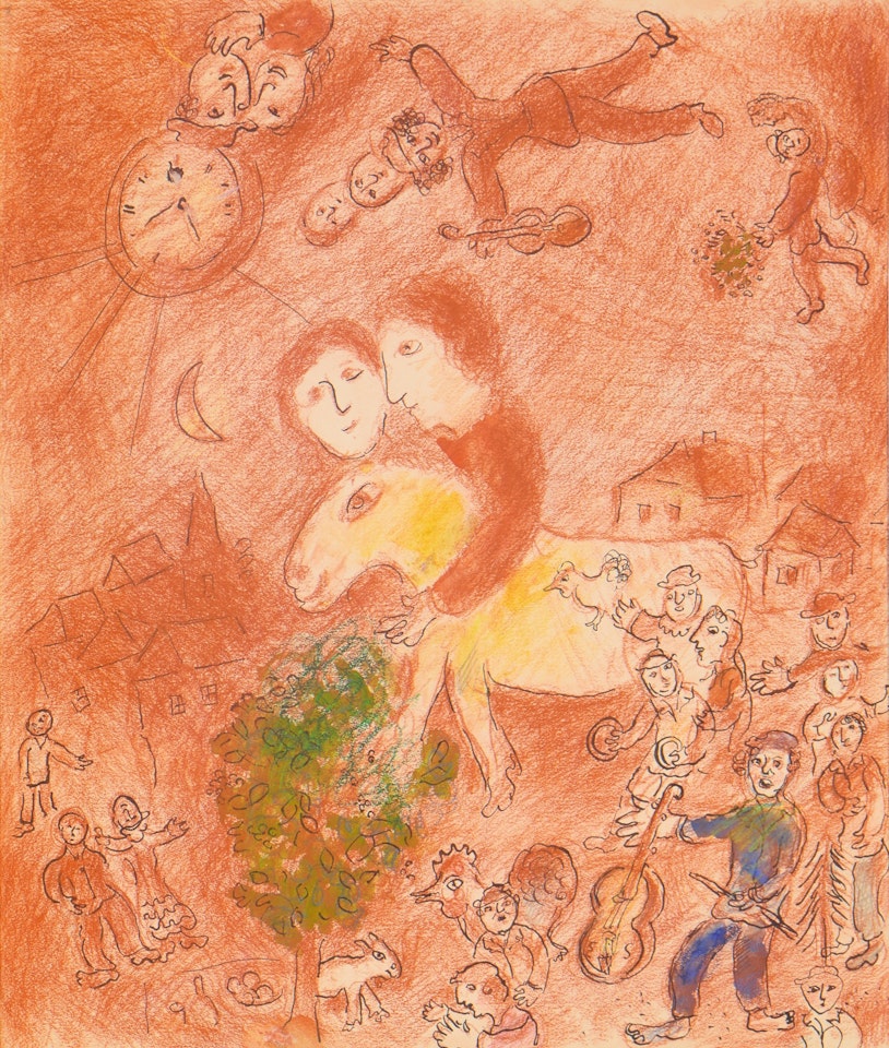 Couple avec un âne sur fond orangé by Marc Chagall