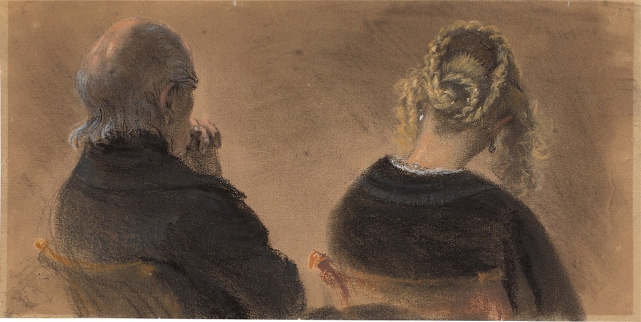 Older man and young woman seated, seen from behind in half-length portrait by Adolph Menzel