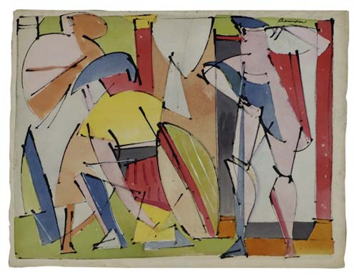 Untitled (Three Figures, One with Shield) by Romare Bearden