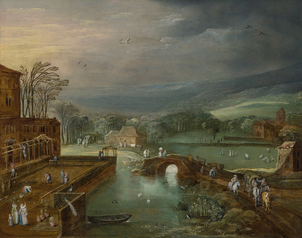 Spring: A river landscape with figures, wagons and cattle crossing a bridge, a palace with a walled garden at left by Jan Brueghel the Younger