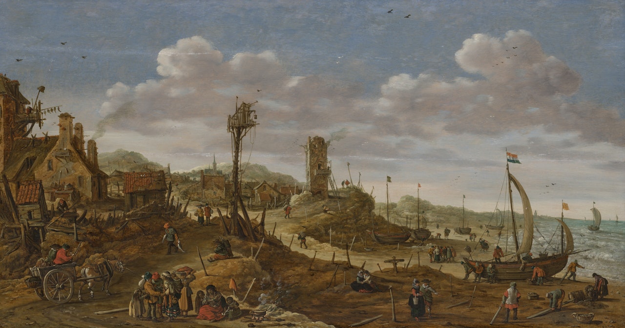 A coastal scene with boats drawn up on a beach by a village by Jan van Goyen