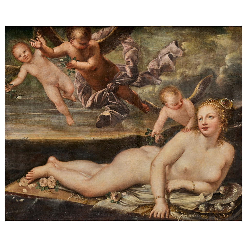 Venus with putti and surrounded by flowers and jewels by Pietro Liberi