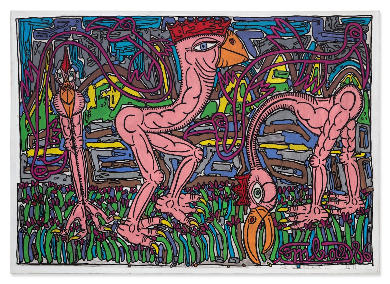 Trio de Roicos. Les Roicos sont des espèces de coqs et poules à corps sans plumes, mais avec becs et sans ailes by Robert Combas