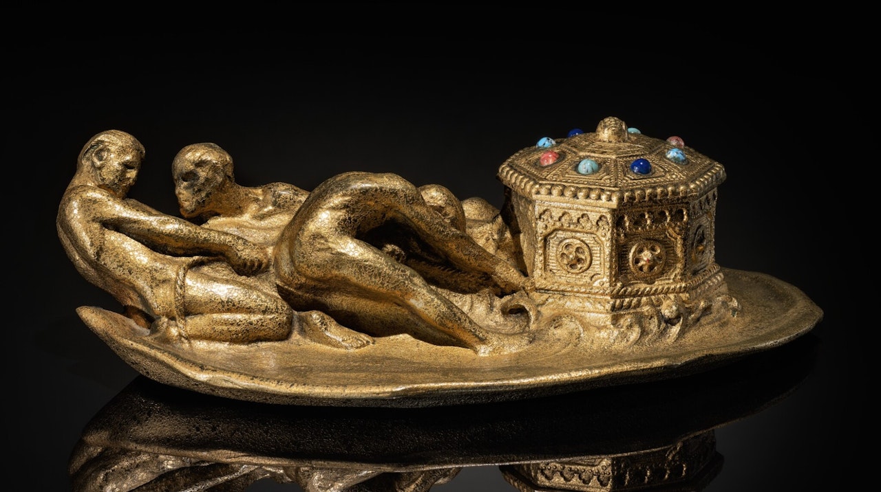 "THREE MEN AND CHEST" INKSTAND by Tiffany Studios