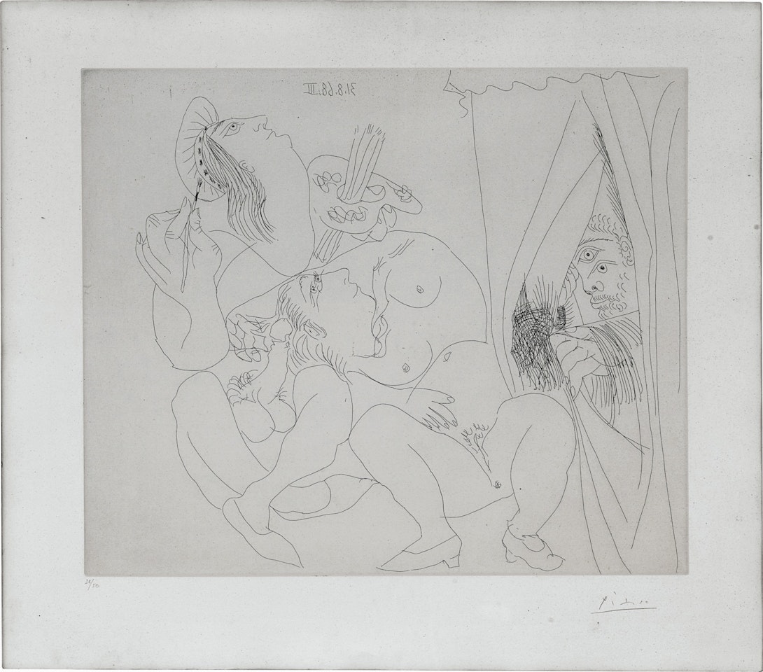 Raphael et la Fornaria. V: Avec Voyeur Écartant le Rideau, from the 347 Series (Bloch 1780; Baer 1797) by Pablo Picasso