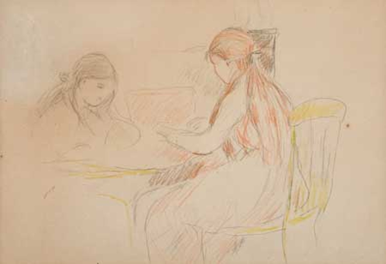 Deux filles assise près d'un table by Berthe Morisot