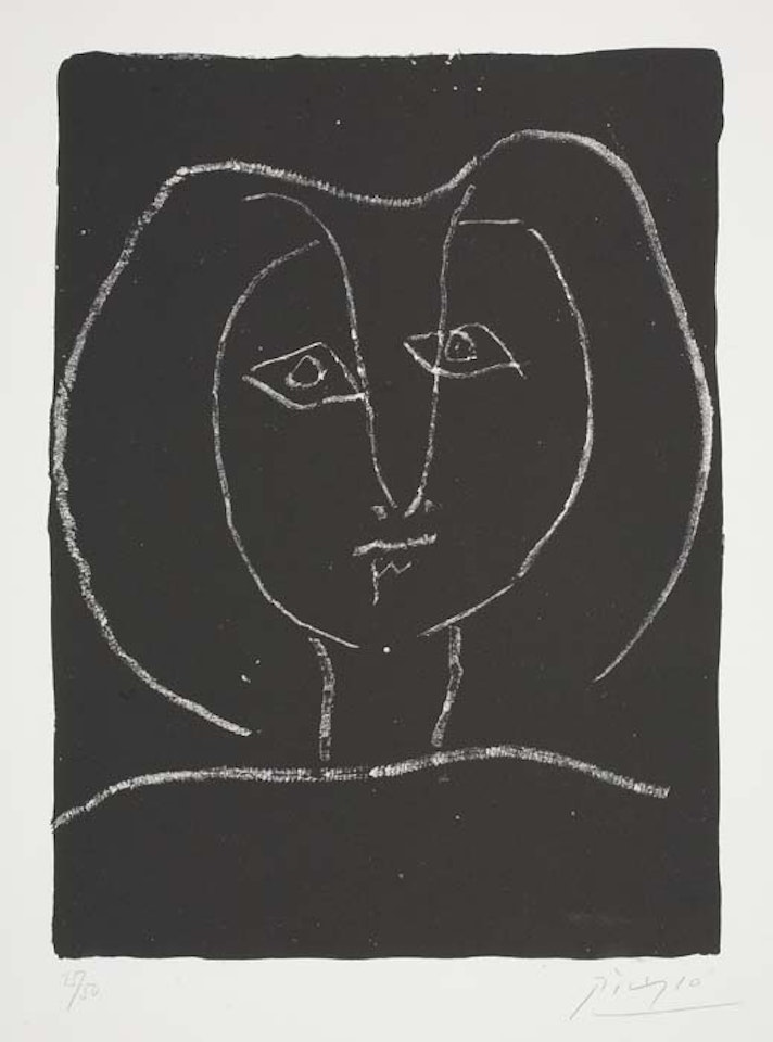 Tête de femme stylisée, fond noir by Pablo Picasso