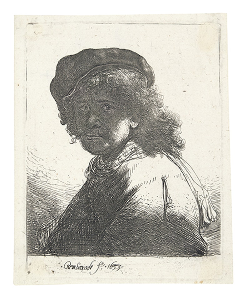 Self portrait in a cap and scarf with the face dark: Bust (Bartsch 17; Biörklund 33-G; Hollstein (White and Boon) 17) by Attributed to Rembrandt Harmensz van Rijn
