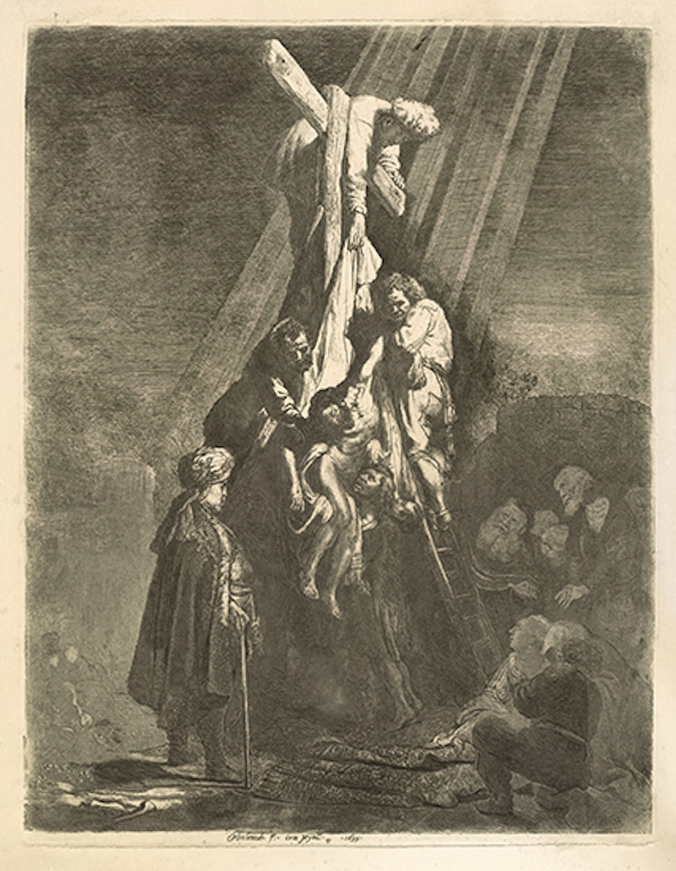 The Descent from the Cross: Second plate (Bartsch 81; Biörklund 33-C; Hollstein (White and Boon) 81) by Attributed to Rembrandt Harmensz van Rijn