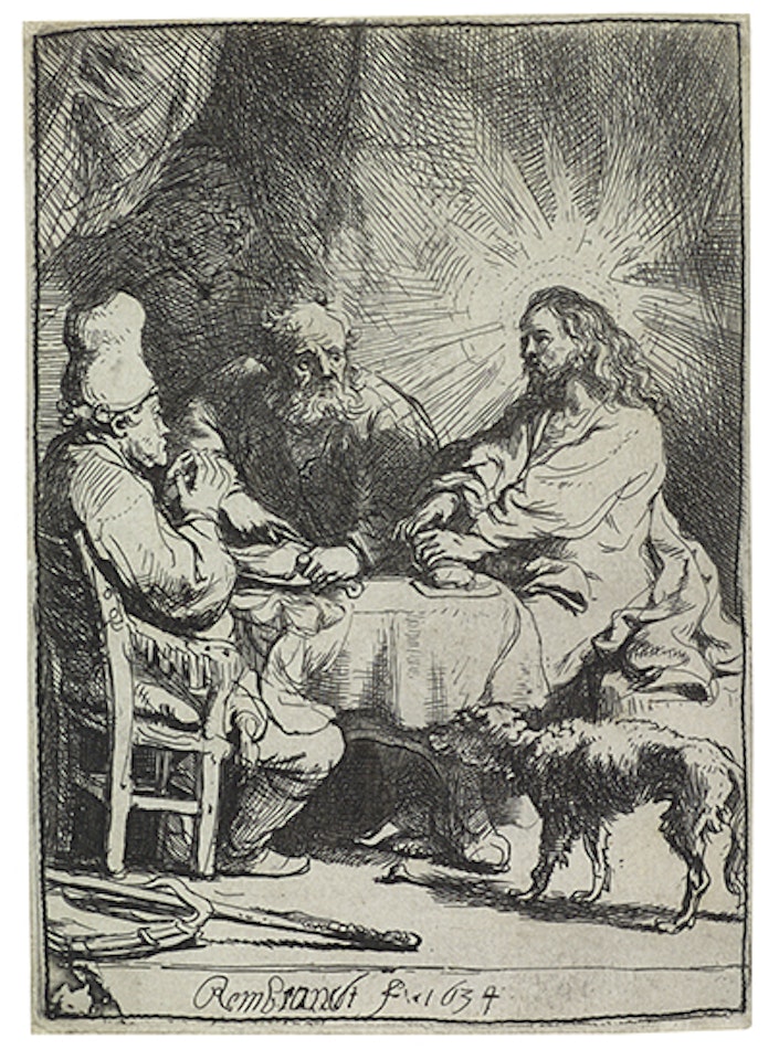 Christ at Emmaus: The smaller plate (Bartsch 88; Biörklund 34-K; Hollstein (White and Boon) 88) by Attributed to Rembrandt Harmensz van Rijn