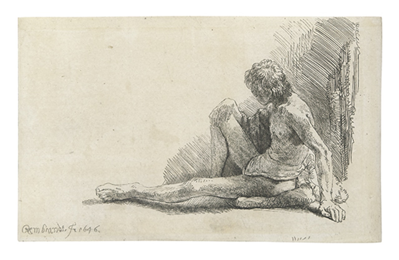 Nude man seated on the ground with one leg extended (Bartsch 196; Biörklund 46-C; Hollstein (White and Boon) 196) by Attributed to Rembrandt Harmensz van Rijn