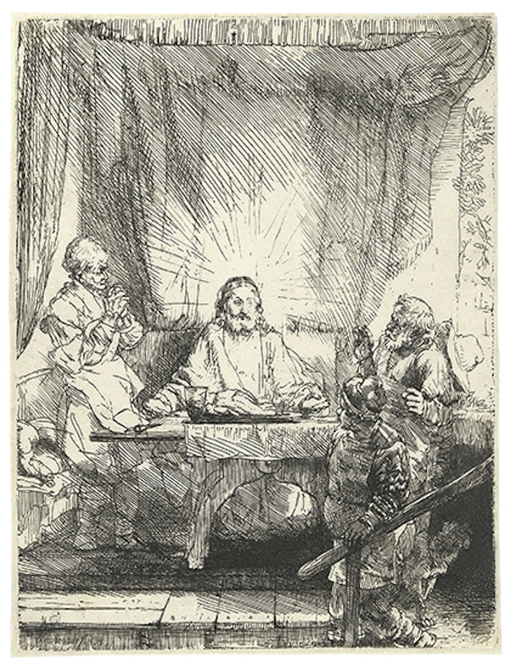 Christ at Emmaus: The larger plate (Bartsch 87; Biörklund 54-H; Hollstein (White and Boon) 87) by Attributed to Rembrandt Harmensz van Rijn