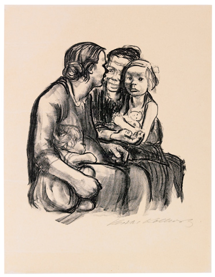 Zwei schwatzende Frauen mit zwei Kindern by Kathe Kollwitz