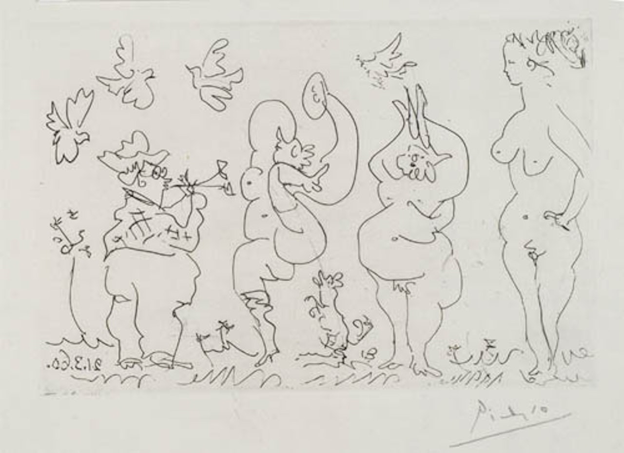 Sabartès avec trois femmes nues et oiseaux by Pablo Picasso