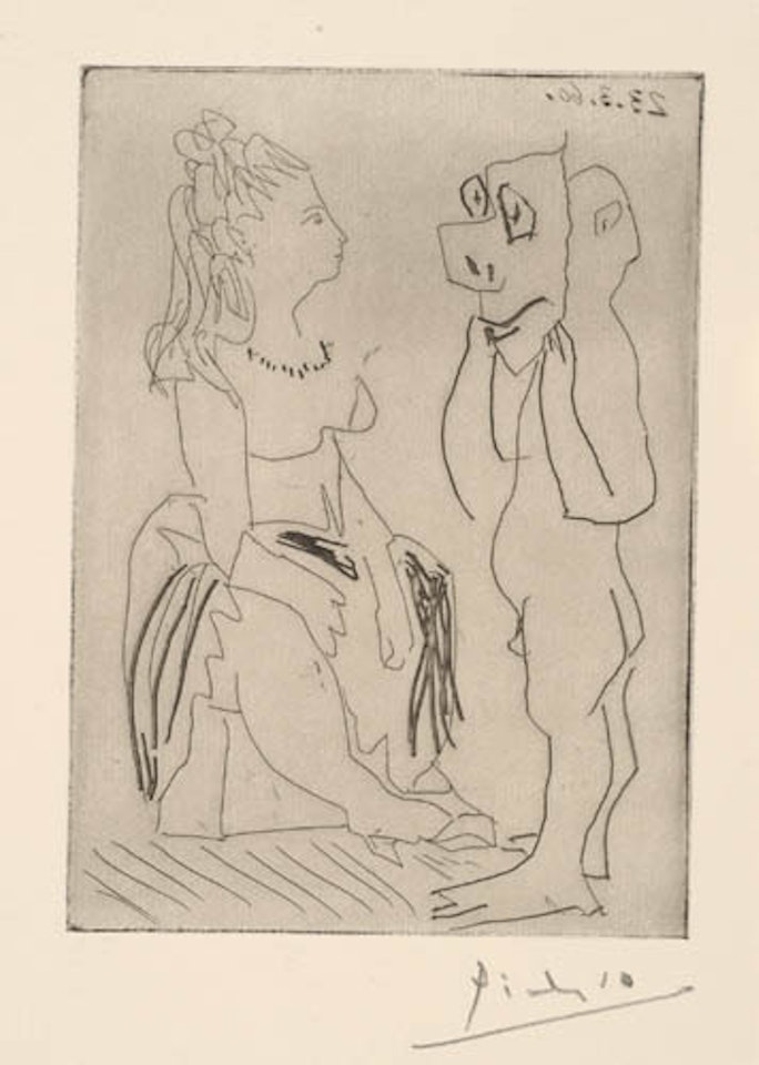 Homme debout avec masque devant femme assise by Pablo Picasso